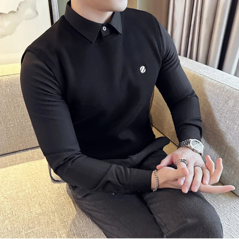 2023 Winter Fake 2 Piece Striped Shirt Collar Knitted Sweater Men's High Quality Business Splice Long Sleeved Slim Fit Pullovers - AliExpress 200000343