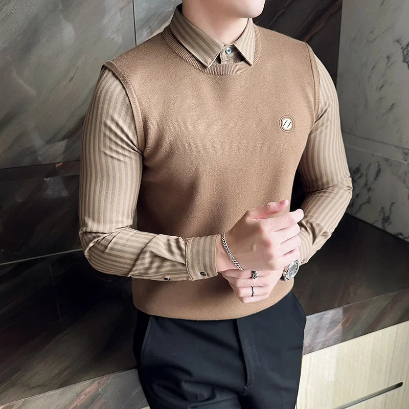 2023 Winter Fake 2 Piece Striped Shirt Collar Knitted Sweater Men's High Quality Business Splice Long Sleeved Slim Fit Pullovers - AliExpress 200000343